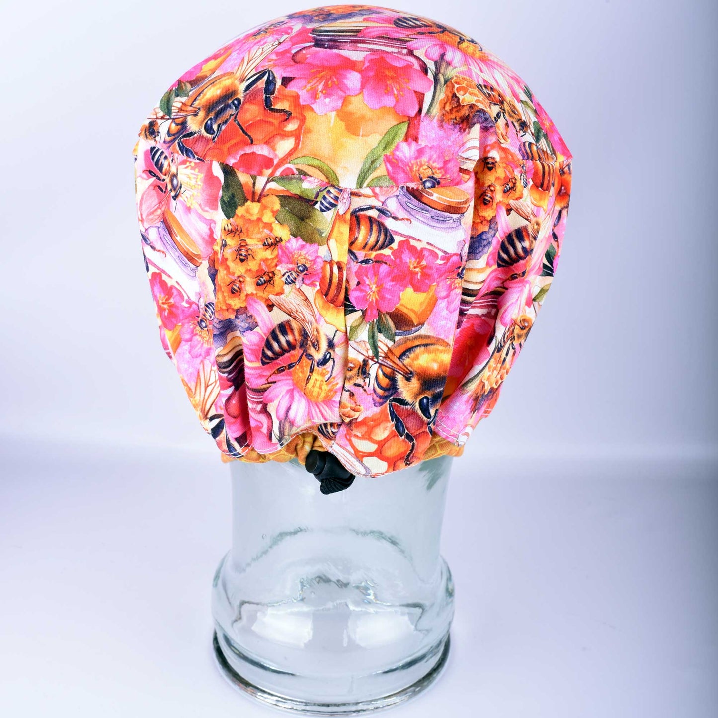 Yellow honeybee print full coverage scrub cap for women with adjustable toggle