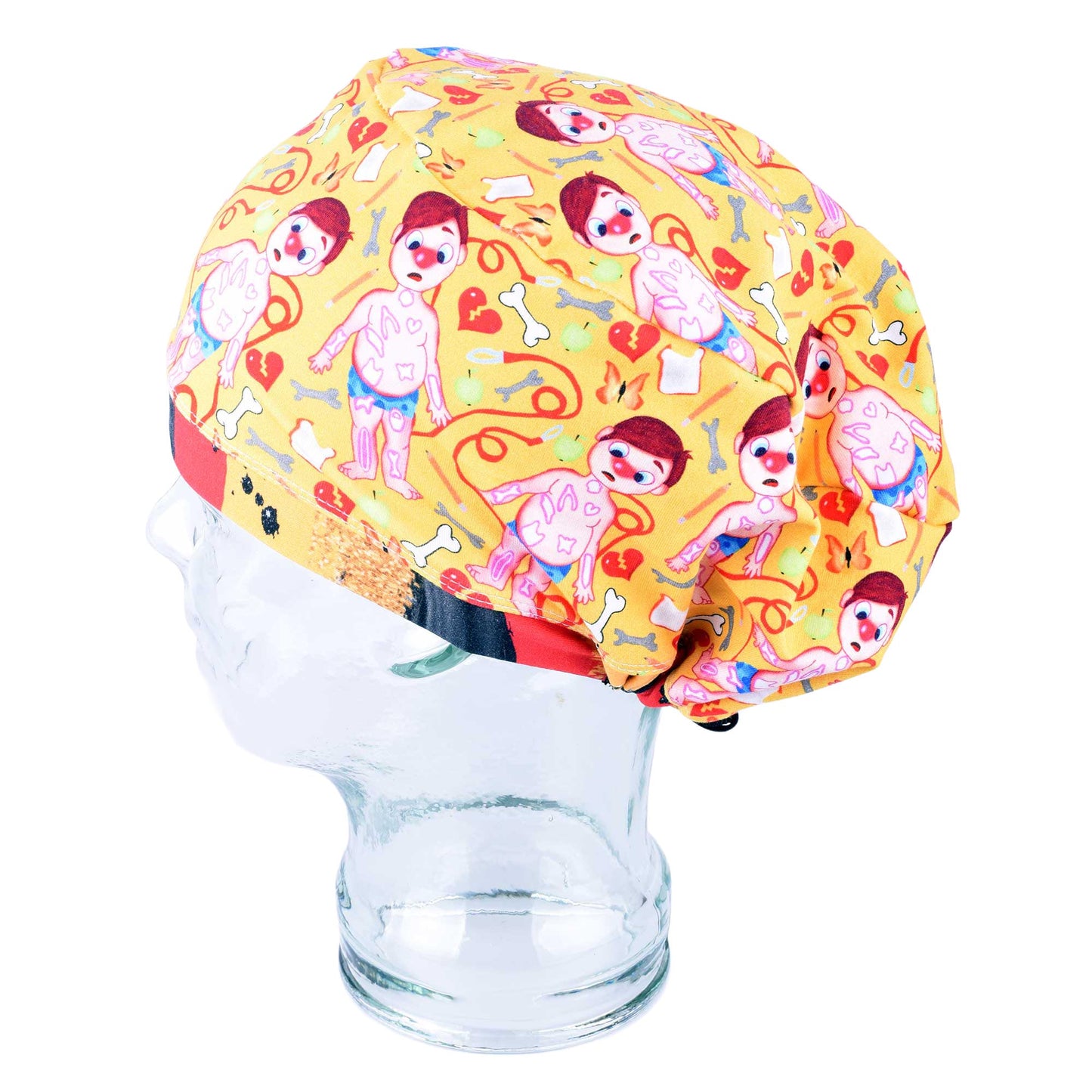 Funny surgery scrub cap for women featuring a colorful medical-themed print on breathable cotton fabric.