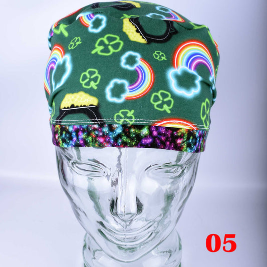 Handmade adjustable medical scrub hat featuring an exclusive neon shamrock print and breathable stretchy cotton fabric.