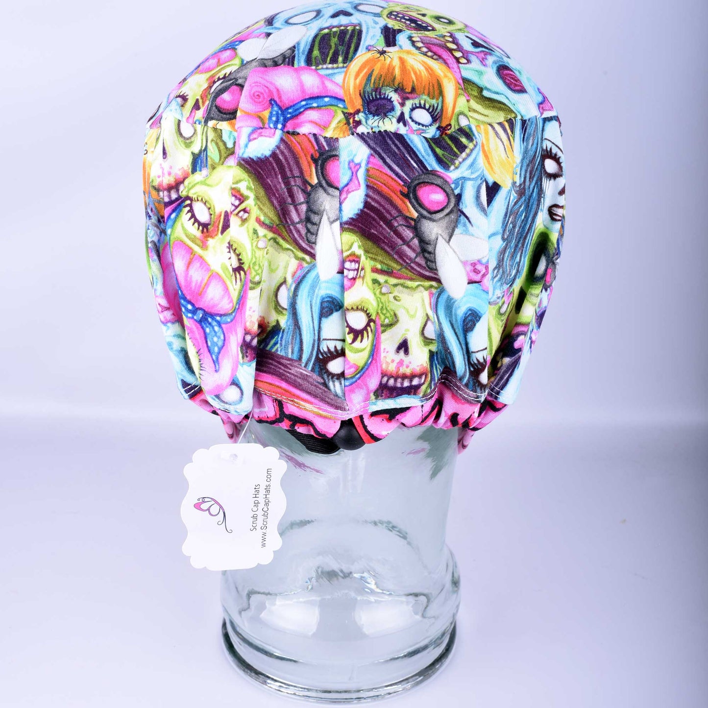 Back of a full coverage scrub cap highlighting the adjustable elastic toggle and cord lock for a custom, secure fit.
