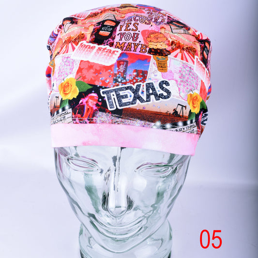 Front angle of the Texas Girl scrub cap with vibrant red, teal, and yellow Texas graphics on soft-stretch fabric.