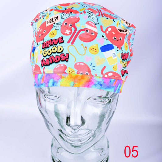 Front view of Urine Good Hands scrub cap Design 05 featuring unlined medical print with kidney and urology icons.