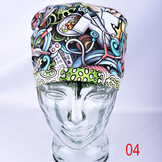 Front view of Viral Vibes Scrub Cap displaying full forehead coverage and vibrant science virus artwork