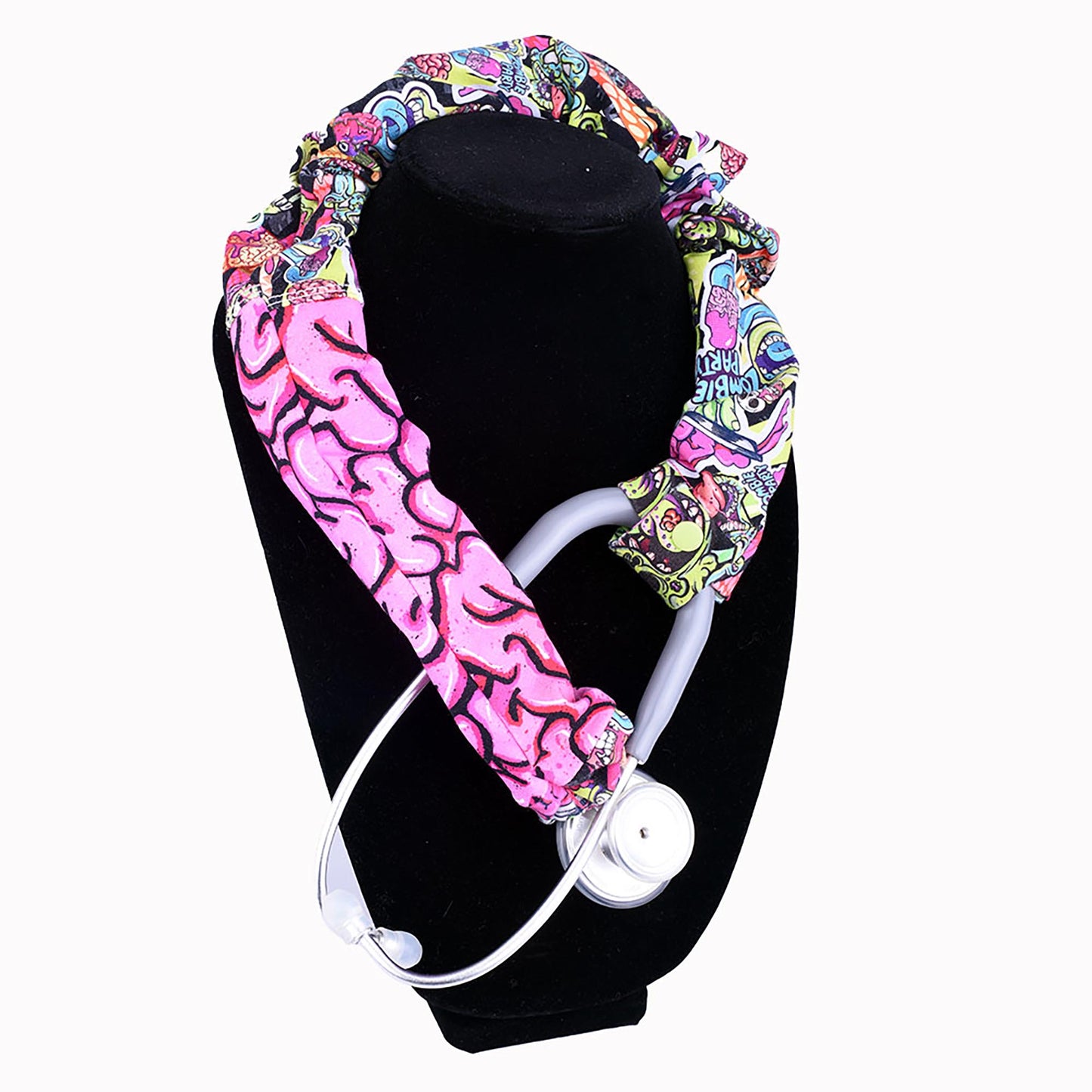 Zombie Party stethoscope cover featured on a black neck display with a stethoscope, showcasing the colorful, spooky print.