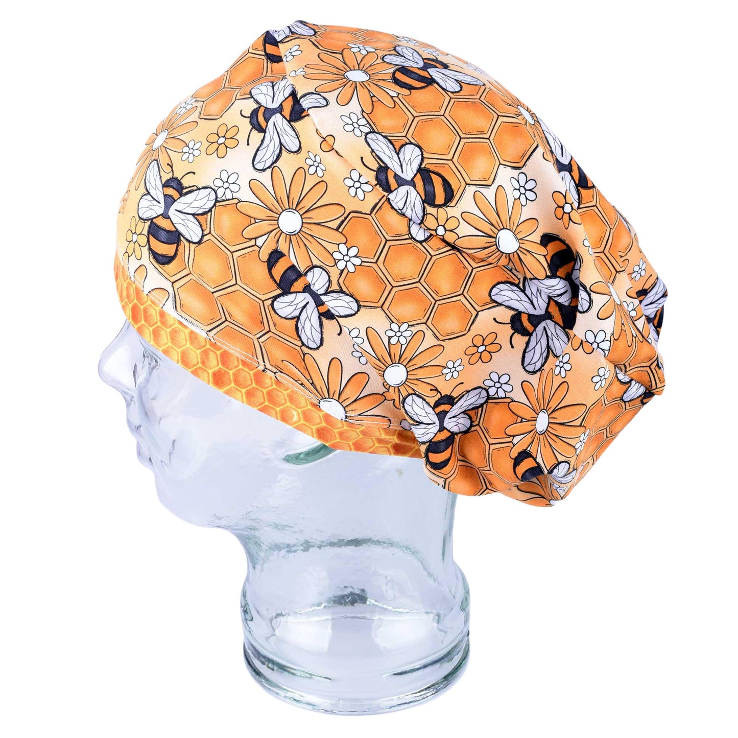 Full coverage Busy Bees Scrub Cap featuring a yellow and black honeybee pattern on high-quality fabric.