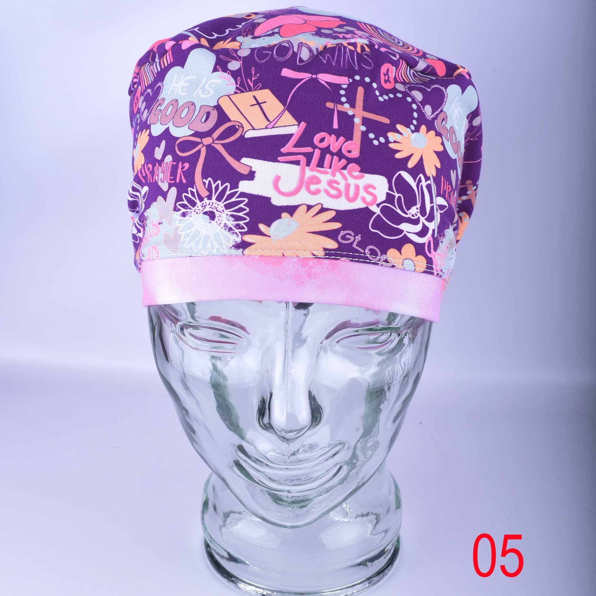 Front view of a Christian faith scrub cap in Design 05, showing the full-coverage fit and breathable stretchy cotton fabric.