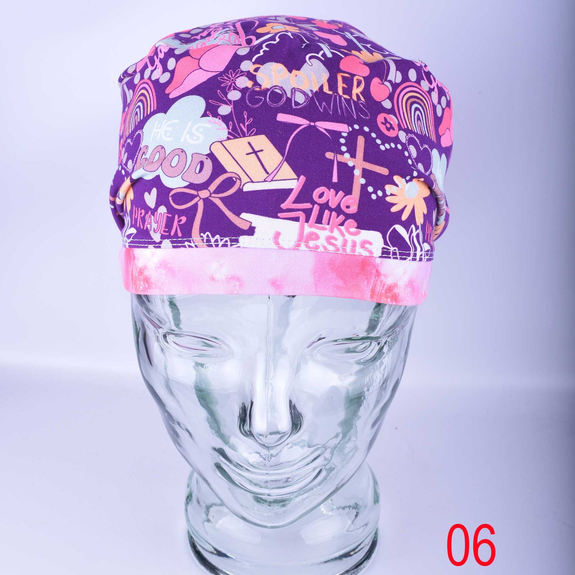Front view of a Christian faith scrub cap in Design 06, showing the full-coverage fit and breathable stretchy cotton fabric.