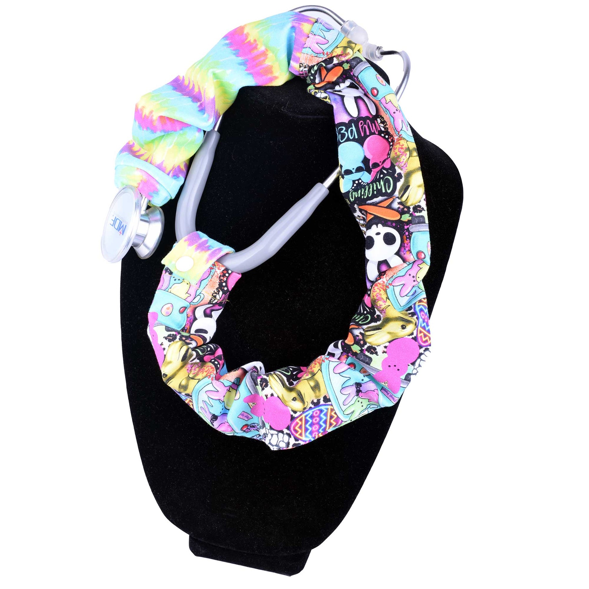 Colorful patterned stethoscope cover on a mannequin with a white background.