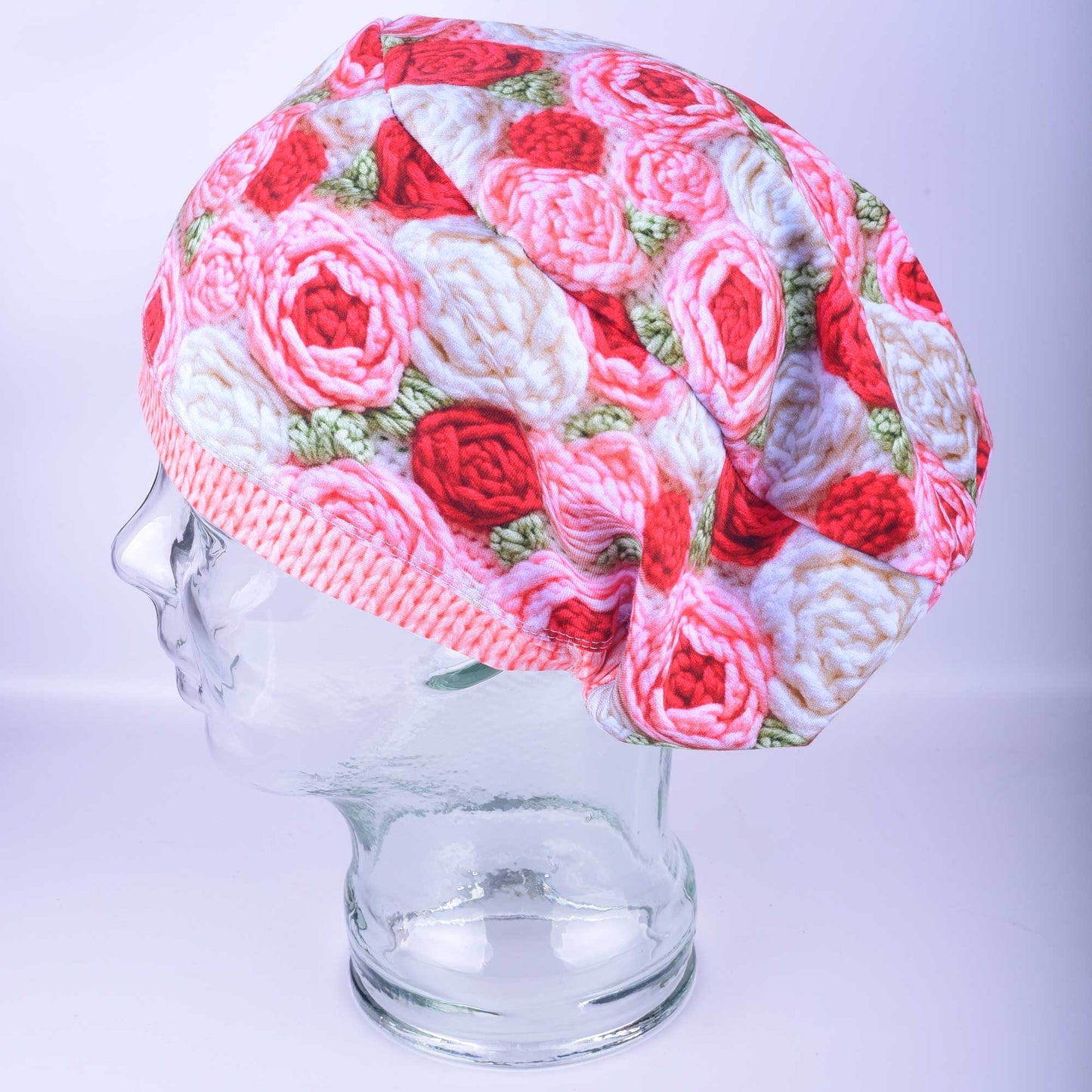 Side view of the Crochet Roses scrub cap highlighting the deep Euro style designed to securely hold hair or a bun.