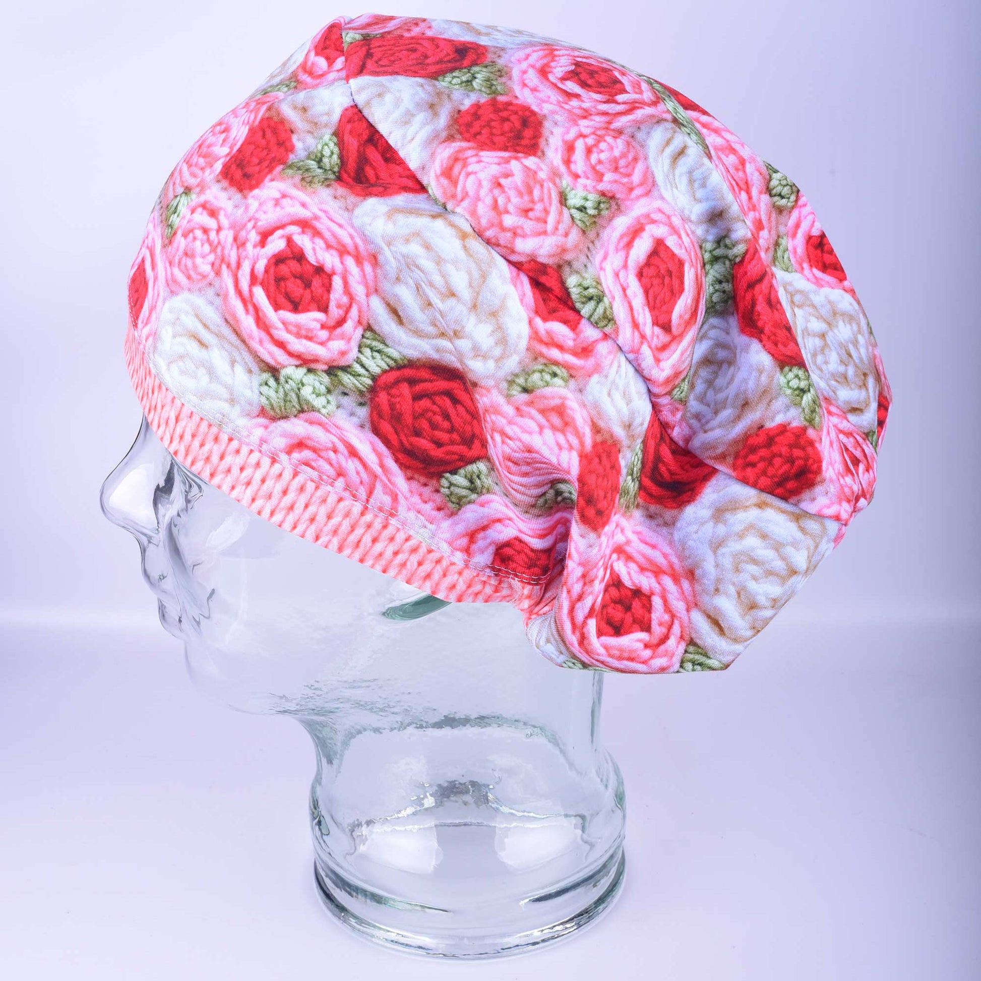 Side view of the Crochet Roses scrub cap highlighting the deep Euro style designed to securely hold hair or a bun.