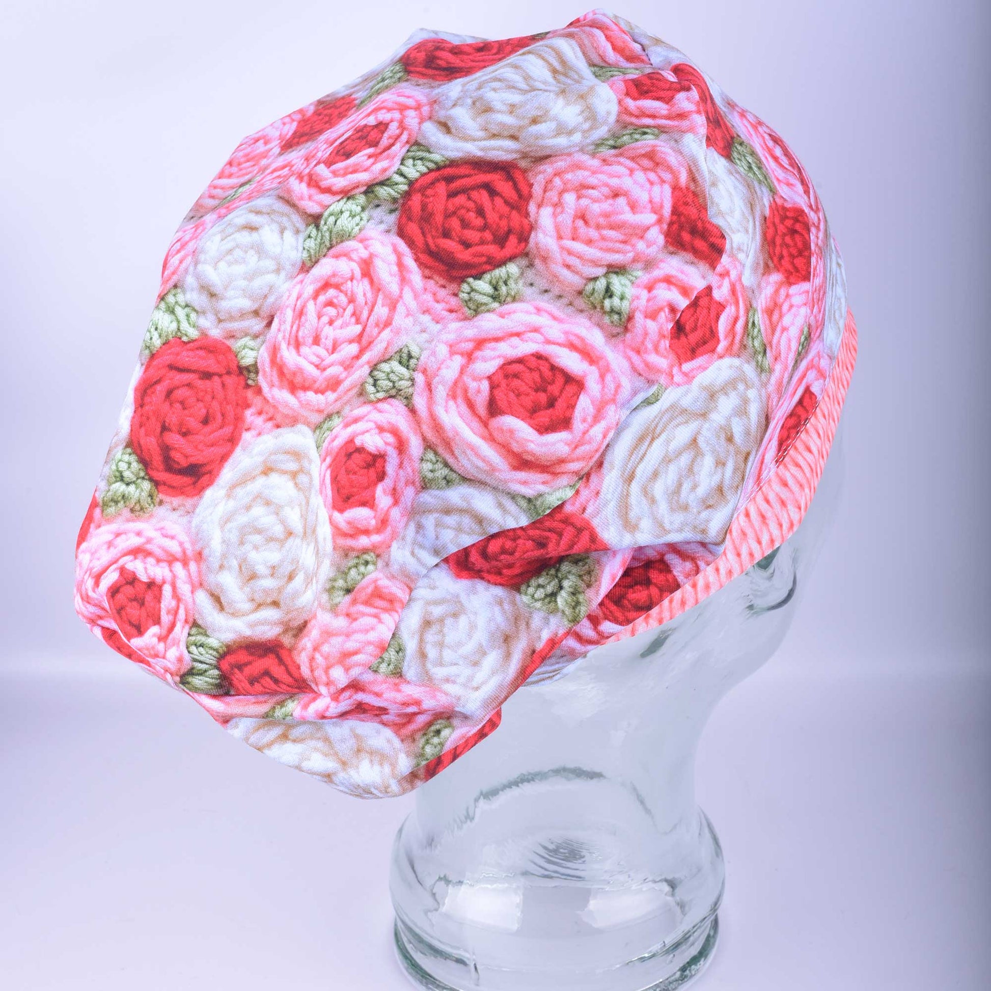Side view of the Crochet Roses scrub cap highlighting the deep Euro style designed to securely hold hair or a bun.