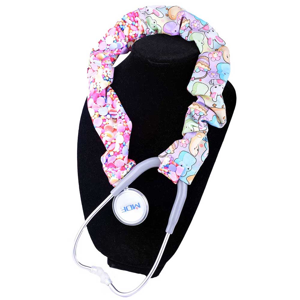 Handmade Easter Friends stethoscope cover with a festive bunny and spring floral print, shown wrapped around a black stethoscope