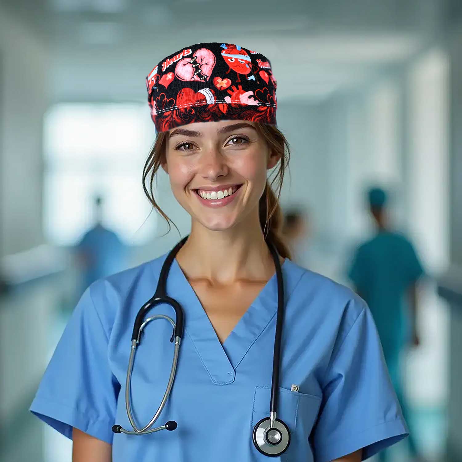 Full coverage Fixing Broken Hearts Scrub Cap with red and black heart medical pattern.