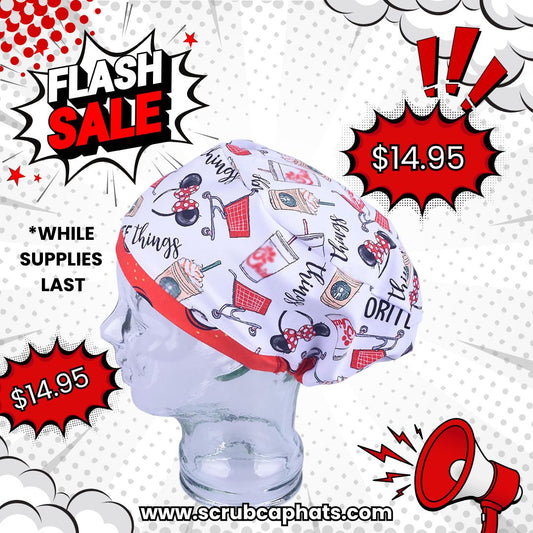 Scrub cap with cartoon designs on a mannequin head, surrounded by promotional text and graphics.
