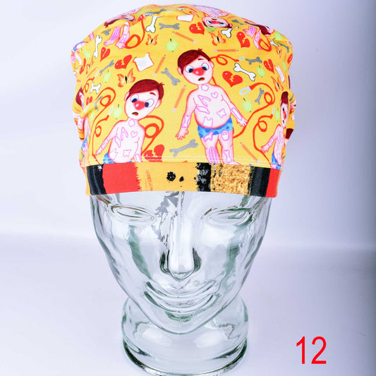 Funny surgery scrub cap for women featuring a colorful medical-themed print on breathable cotton fabric.