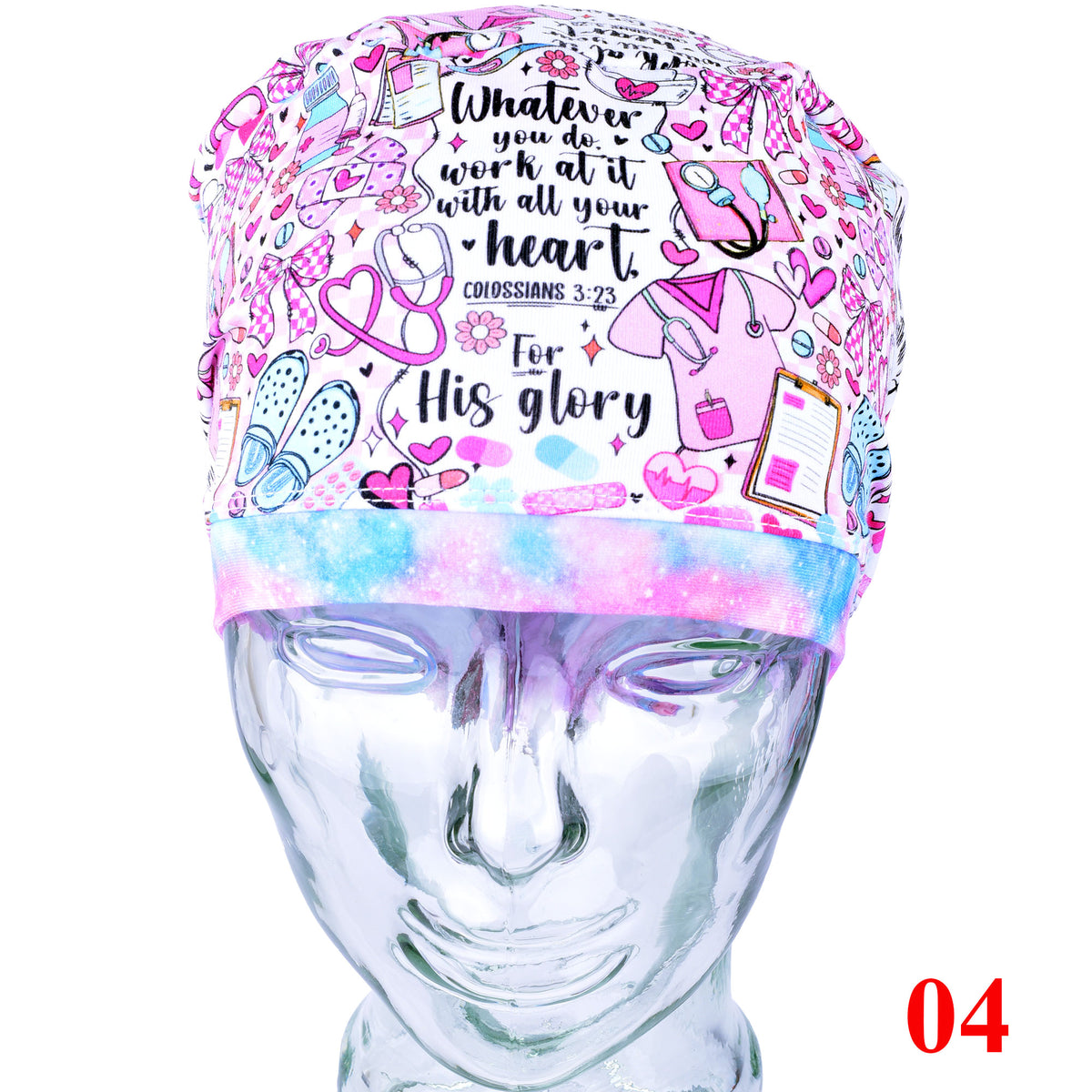 A pink and blue patterned surgical scrub cap displayed on mannequin head against a white background. The cap features a white base with pink and blue illustrations of medical icons, hearts, and a pink stethoscope, with the text 'Whatever you do work at it with all your heart'.