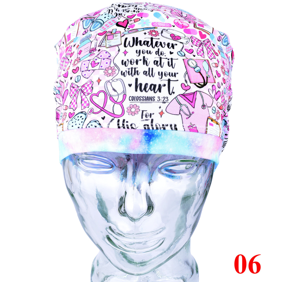 A pink and white printed surgical scrub cap displayed on a glass mannequin head against a white background. The cap features a colorful cartoon illustration of medical tools, hearts, and a stethoscope, with the text 'Whatever you do, work at it with all your heart'.