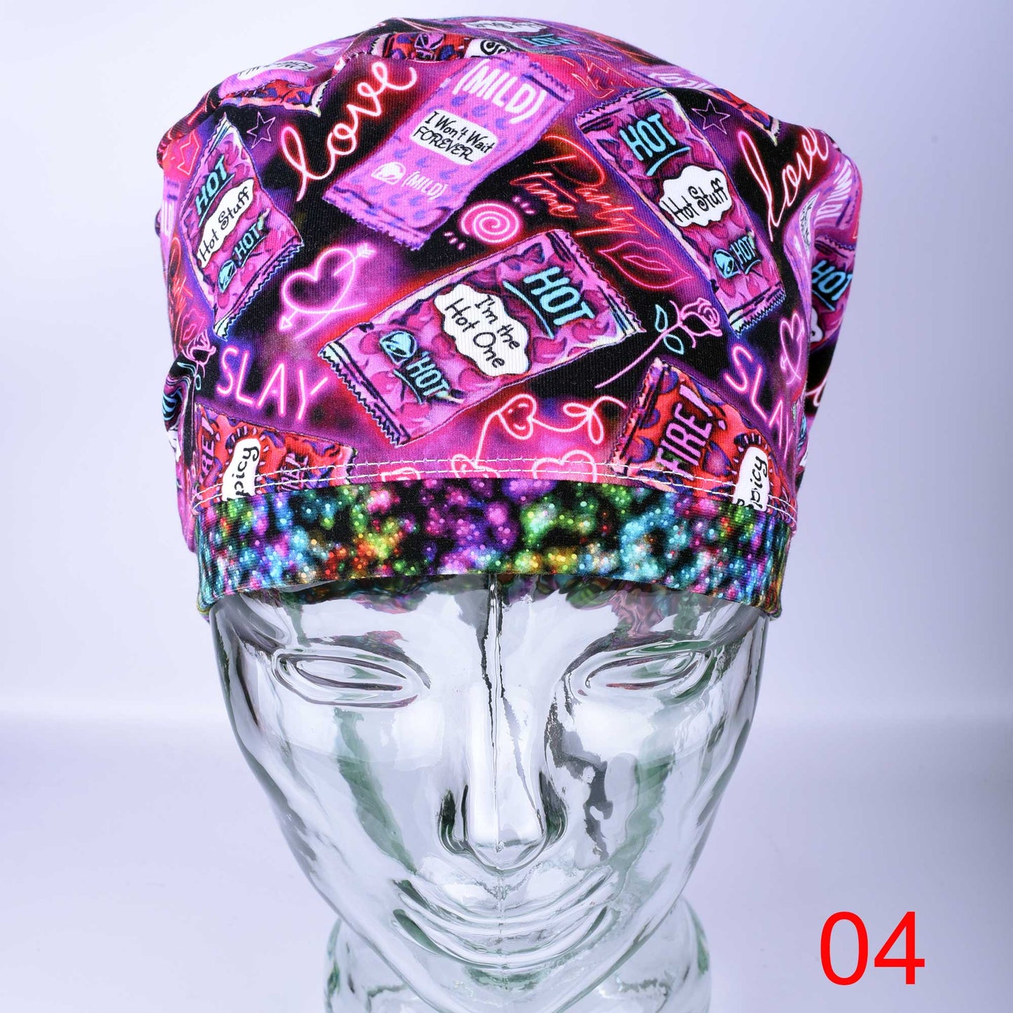 Full coverage Hot and Spicy Scrub Cap featuring a vibrant red chili pepper pattern on black fabric.