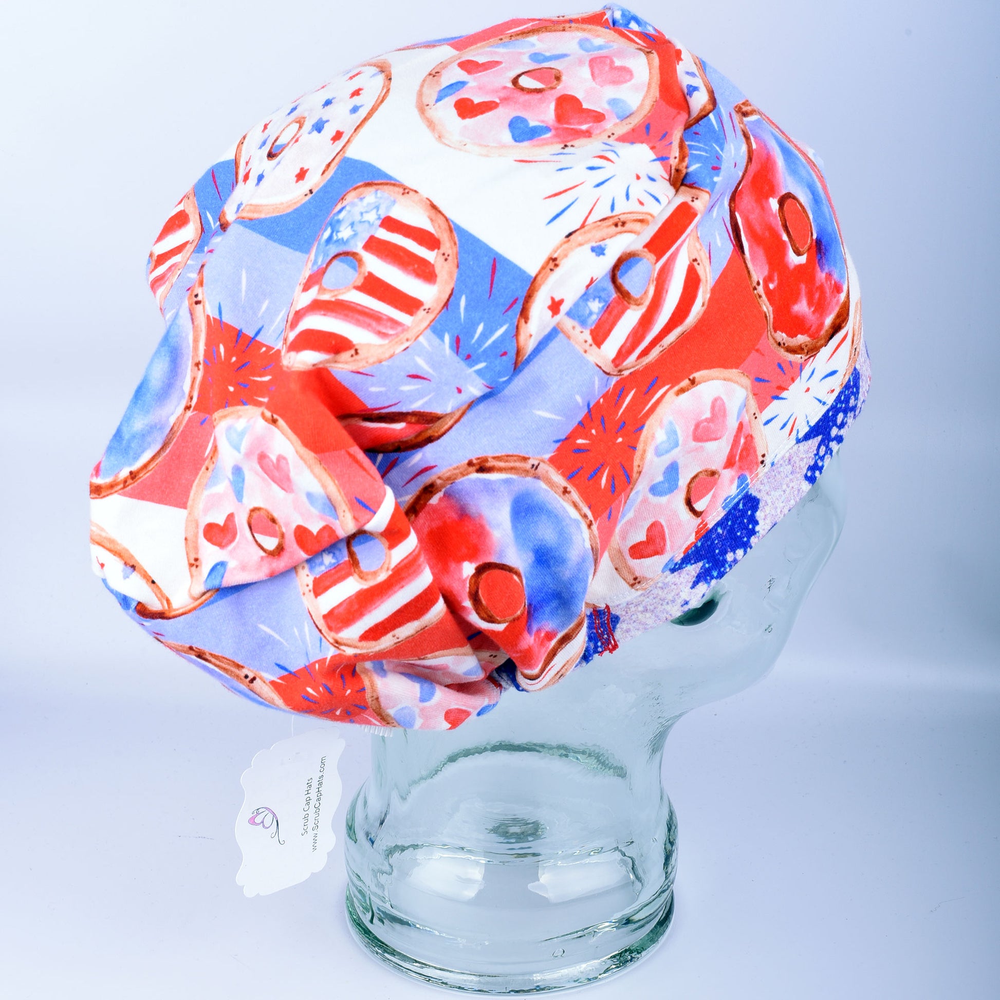 Side profile of a Euro-style scrub cap showing the adjustable heavy-duty cord lock toggle for a secure professional fit.