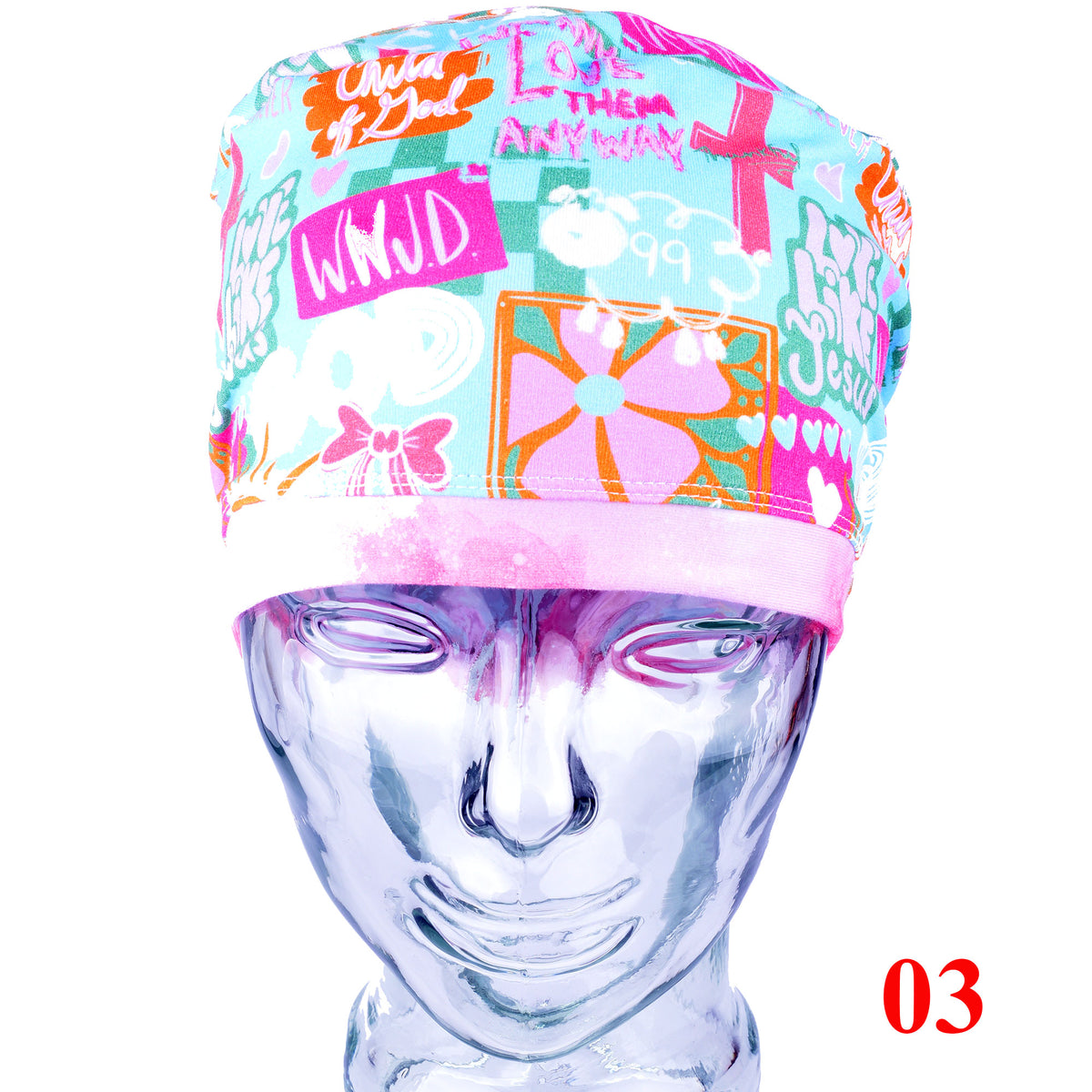A multicolor graffiti-style printed surgical scrub cap displayed on a metallic silver mannequin head against a white background, with a red '03' label in the bottom right corner.
