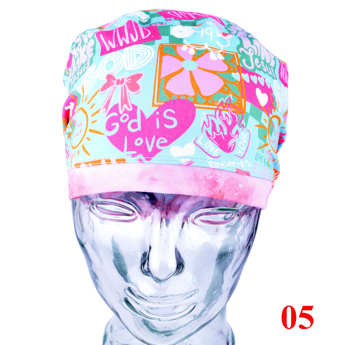 A colorful patterned religious surgical cap displayed on a metallic mannequin head against a white background, with a red '05' label in the bottom right corner.