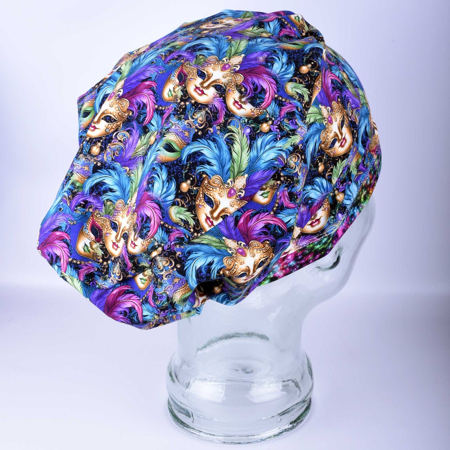 Mardi Gras Masks scrub cap in stretchy cotton with colorful carnival mask pattern
