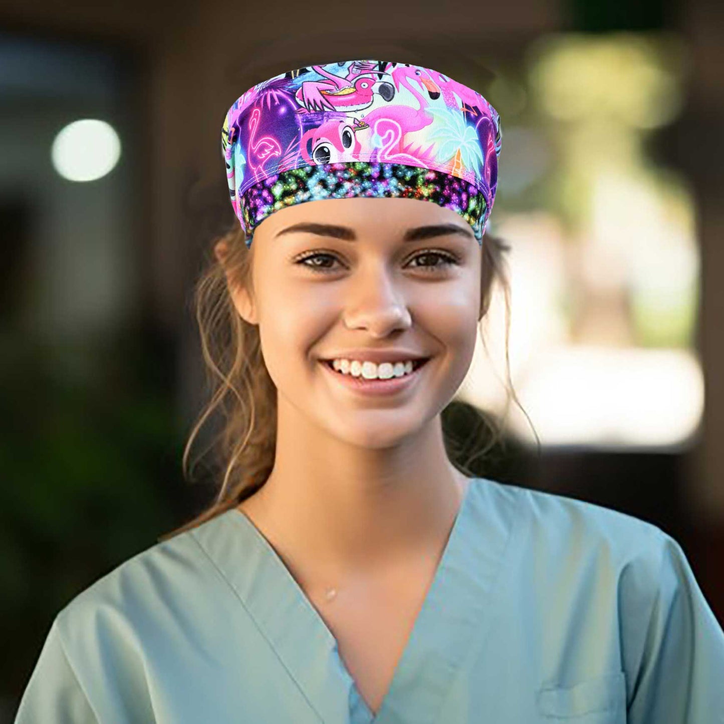 Medical Professional wearing a colorful Neon Flamingos Scrub Cap.