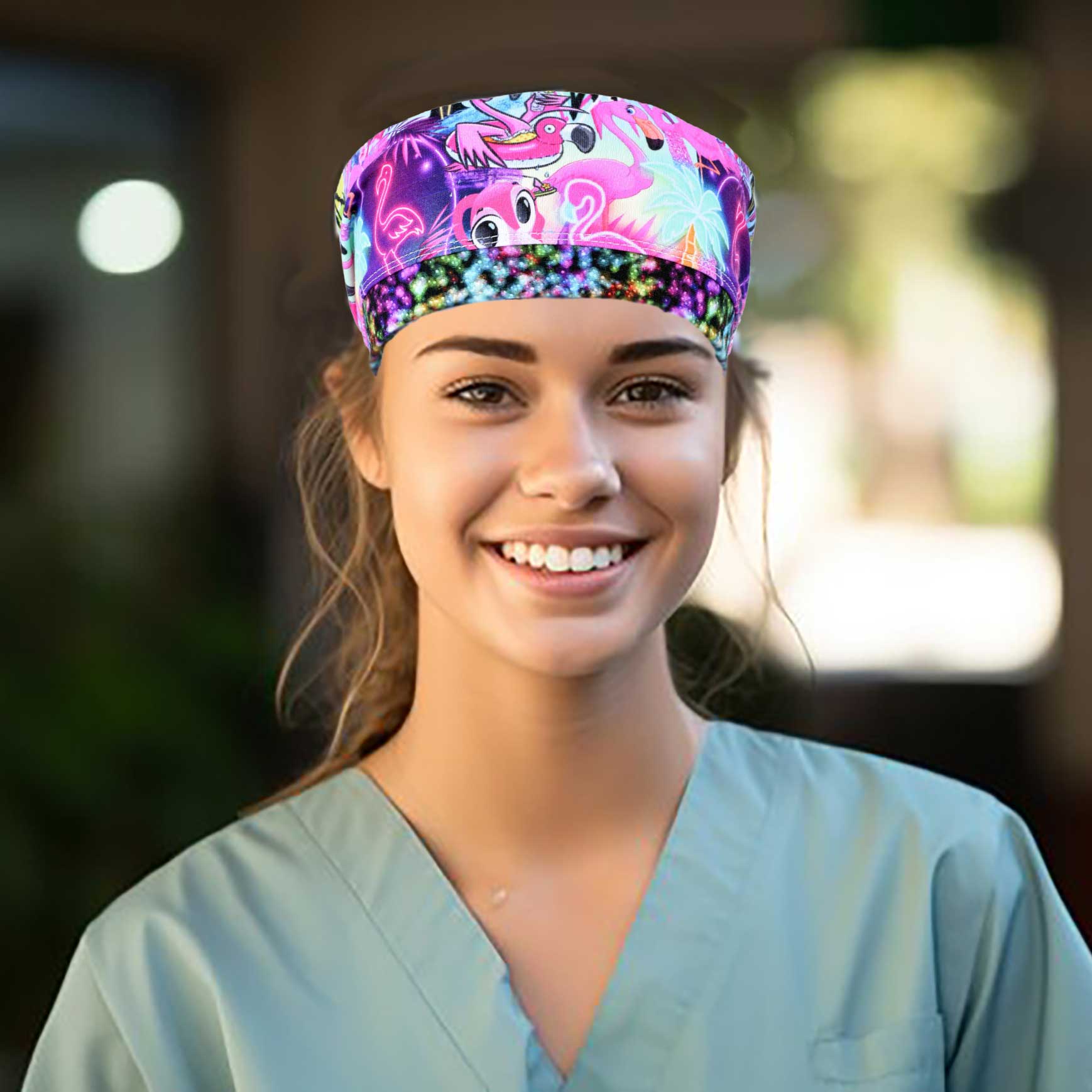 Medical Professional wearing a colorful Neon Flamingos Scrub Cap.