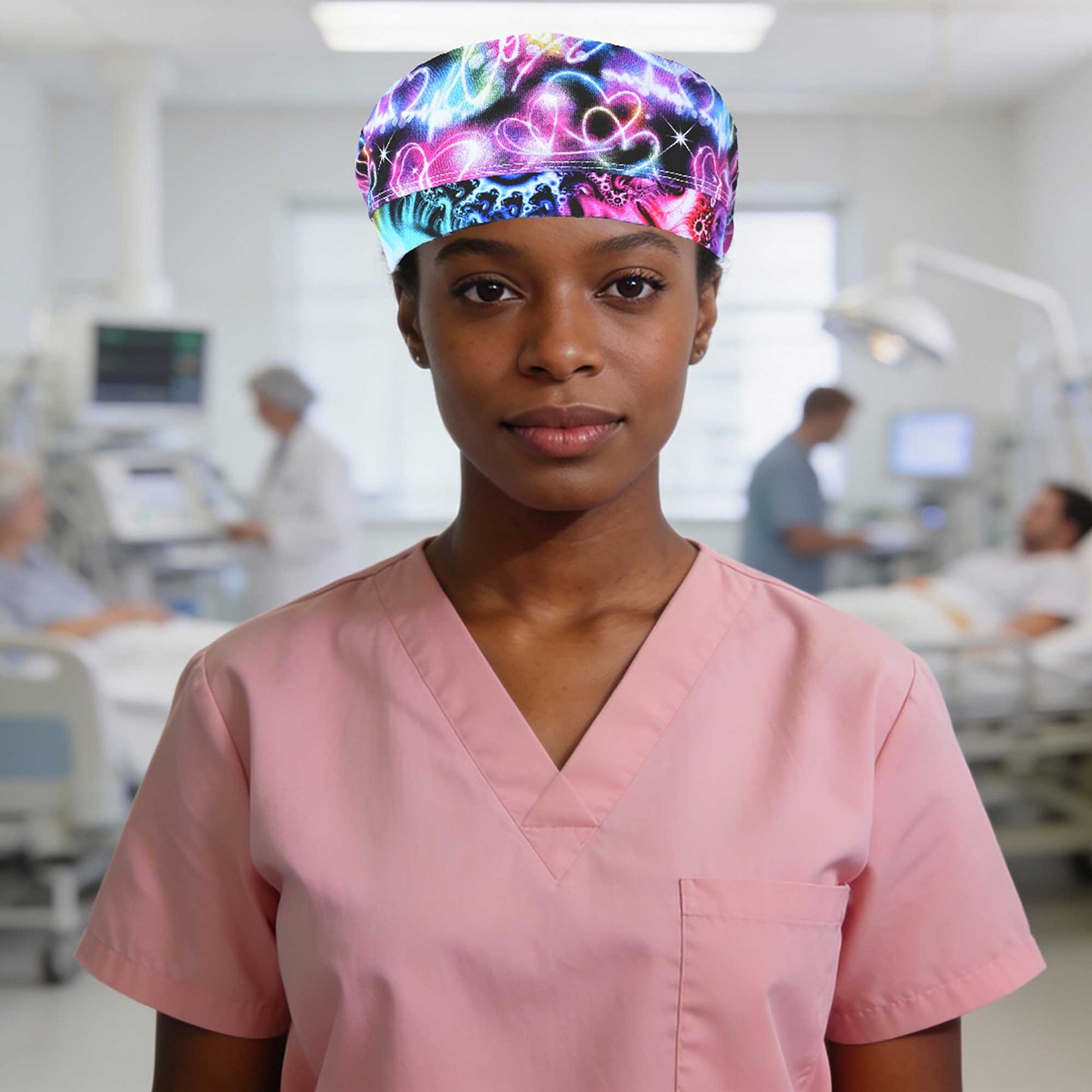 Healthcare professional wearing an adjustable Neon Hearts Scrub Cap with a full-coverage Euro style design.