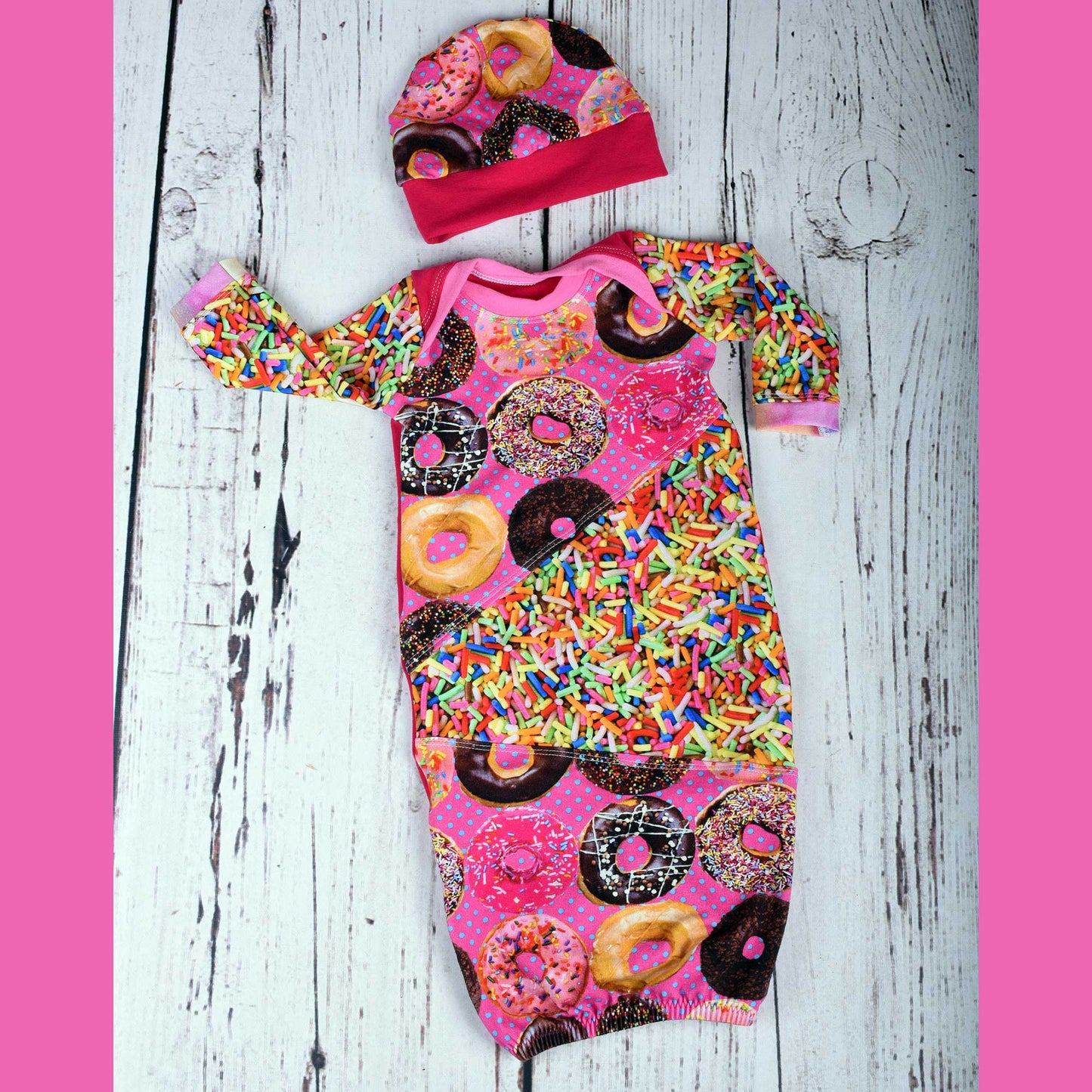 Size 0-3 Months Newborn Gown Hat Set Donuts