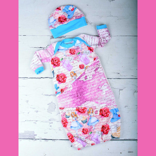 Size 0-3 Months Newborn Gown Hat Set Tea Party