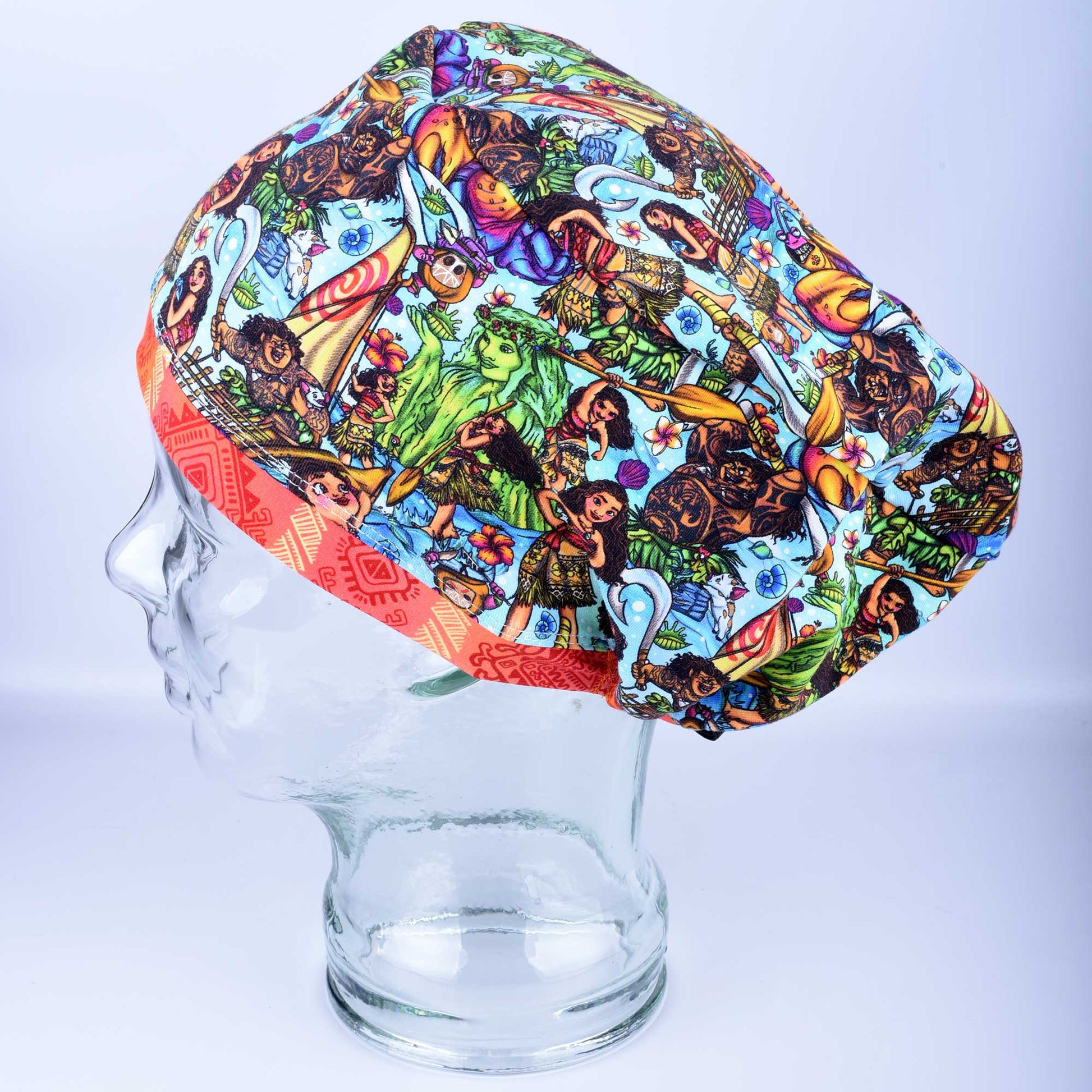 Side view of the Ocean Princess Euro-style scrub cap on a glass mannequin.
