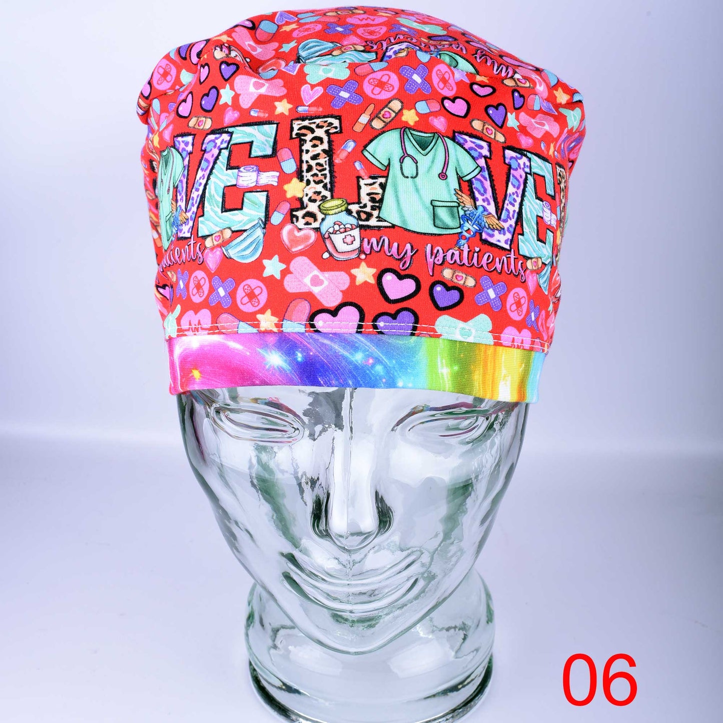 Adjustable medical scrub cap featuring a unique designer heart print, ideal for Valentine's Day or year-round use.