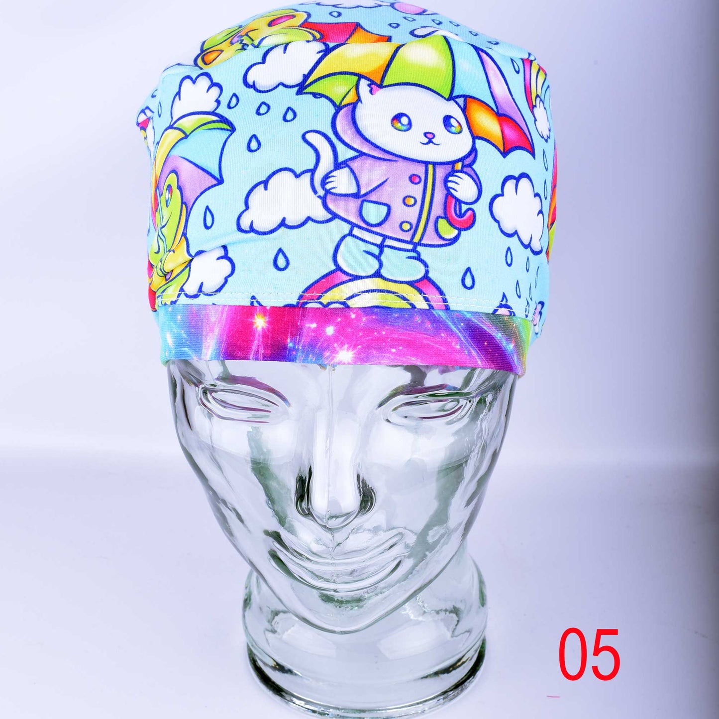 Close-up of premium blue raindrop print cotton-elastane knit fabric for medical scrub caps.