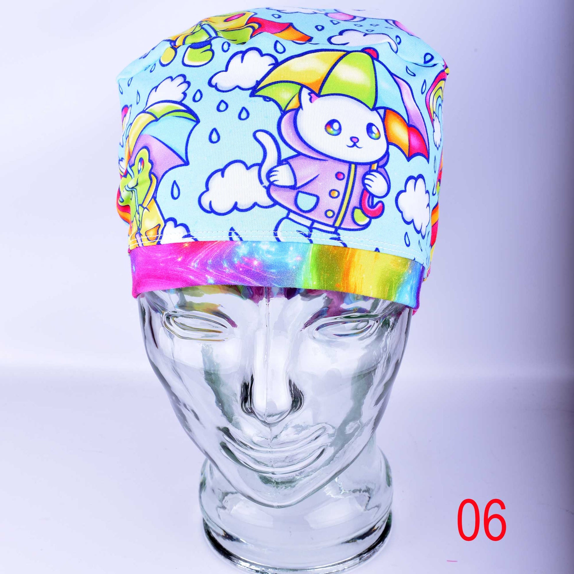 Close-up of premium blue raindrop print cotton-elastane knit fabric for medical scrub caps.