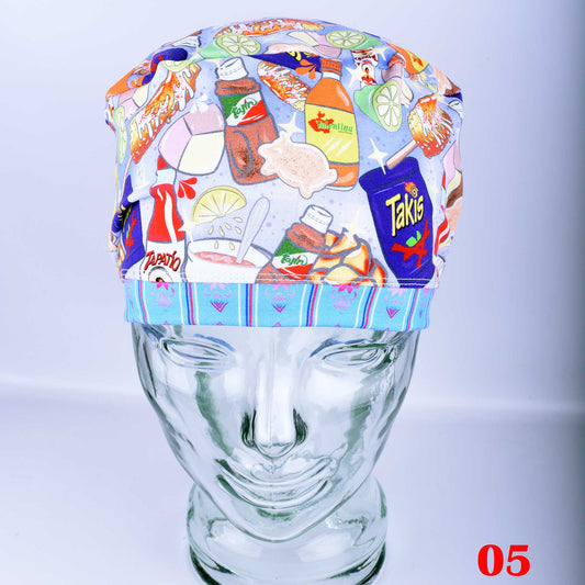 Detail shot of the Spicy Snacks scrub cap pattern, featuring artistic sketches of flaming-hot curls and zesty crisps.