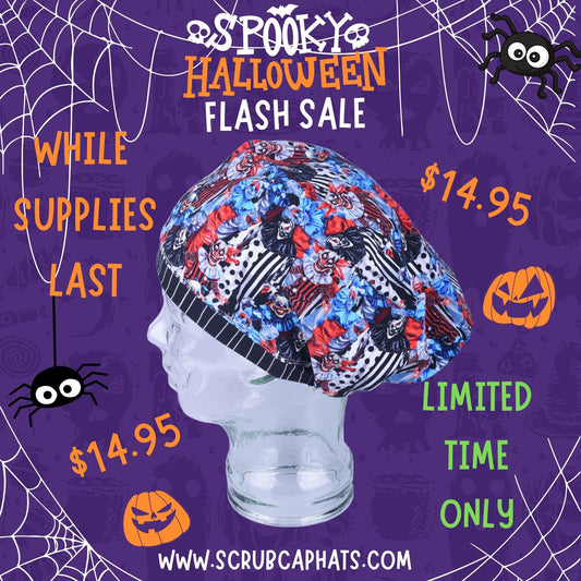 A Halloween-themed promotional graphic for a scrub cap. The cap is shown on a clear mannequin head against a purple spiderweb background with orange and green sale text, spider graphics, and jack-o'-lantern icons.