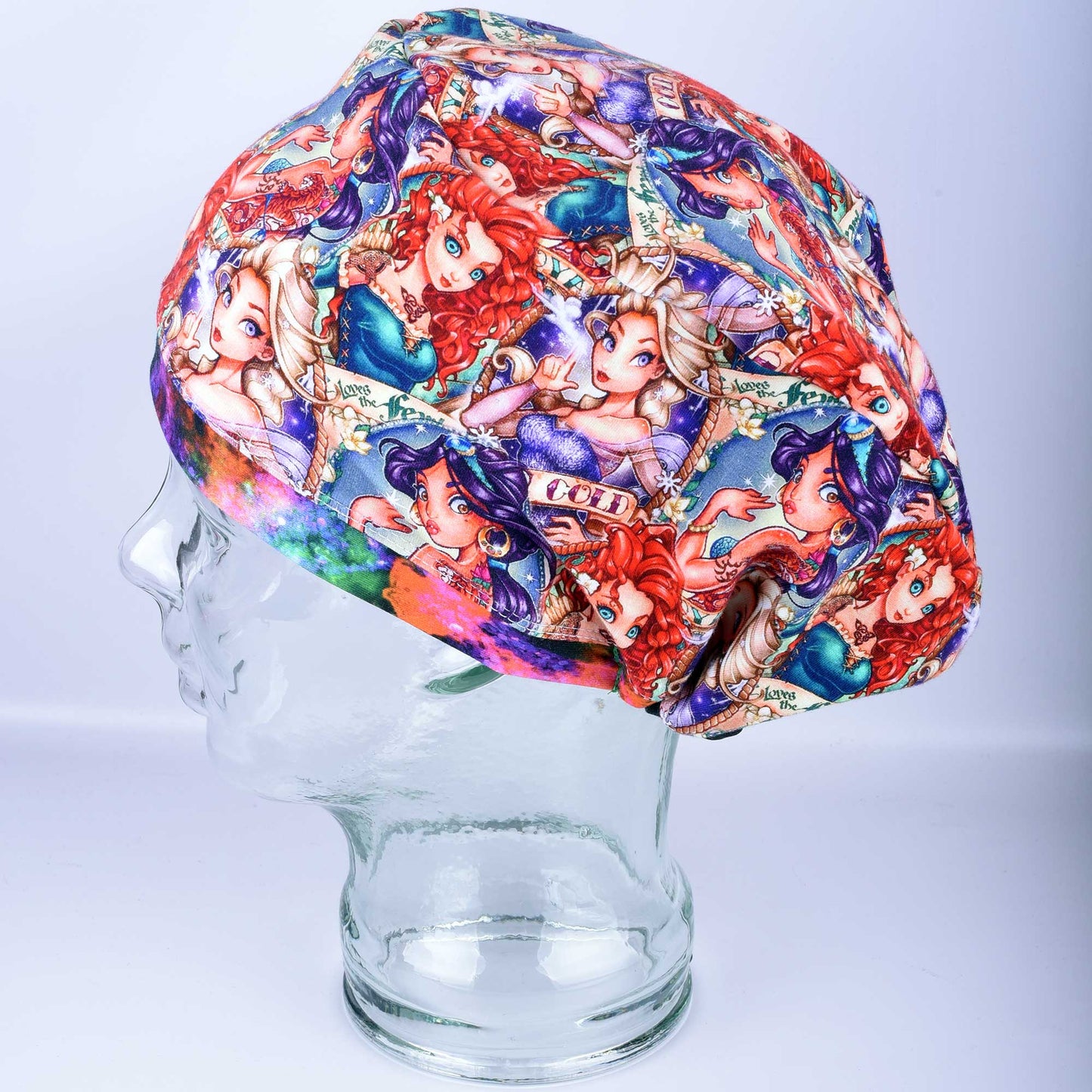 Tattoo Princess full coverage scrub cap featuring edgy royal illustrations on a white background.