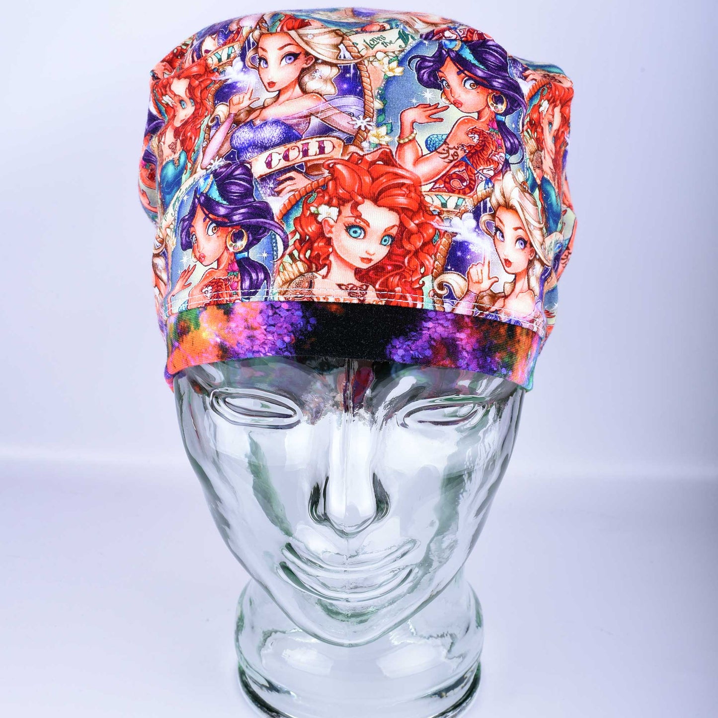 Close-up of the Tattoo Princess fabric detail on a stretchy cotton knit surgical cap