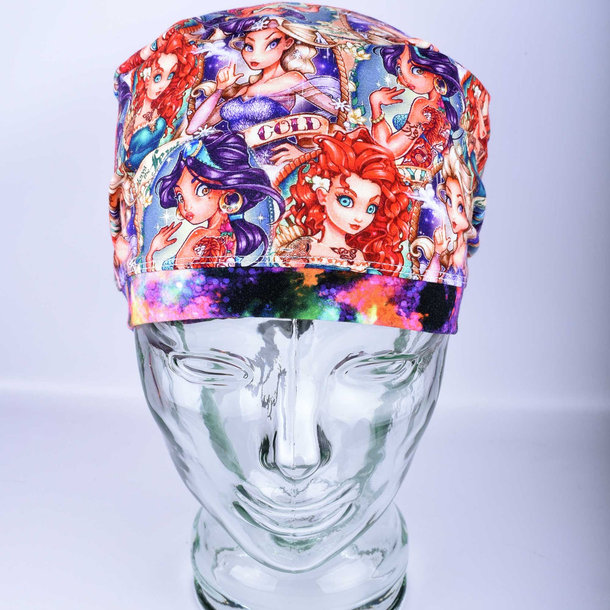Close-up of the Tattoo Princess fabric detail on a stretchy cotton knit surgical cap
