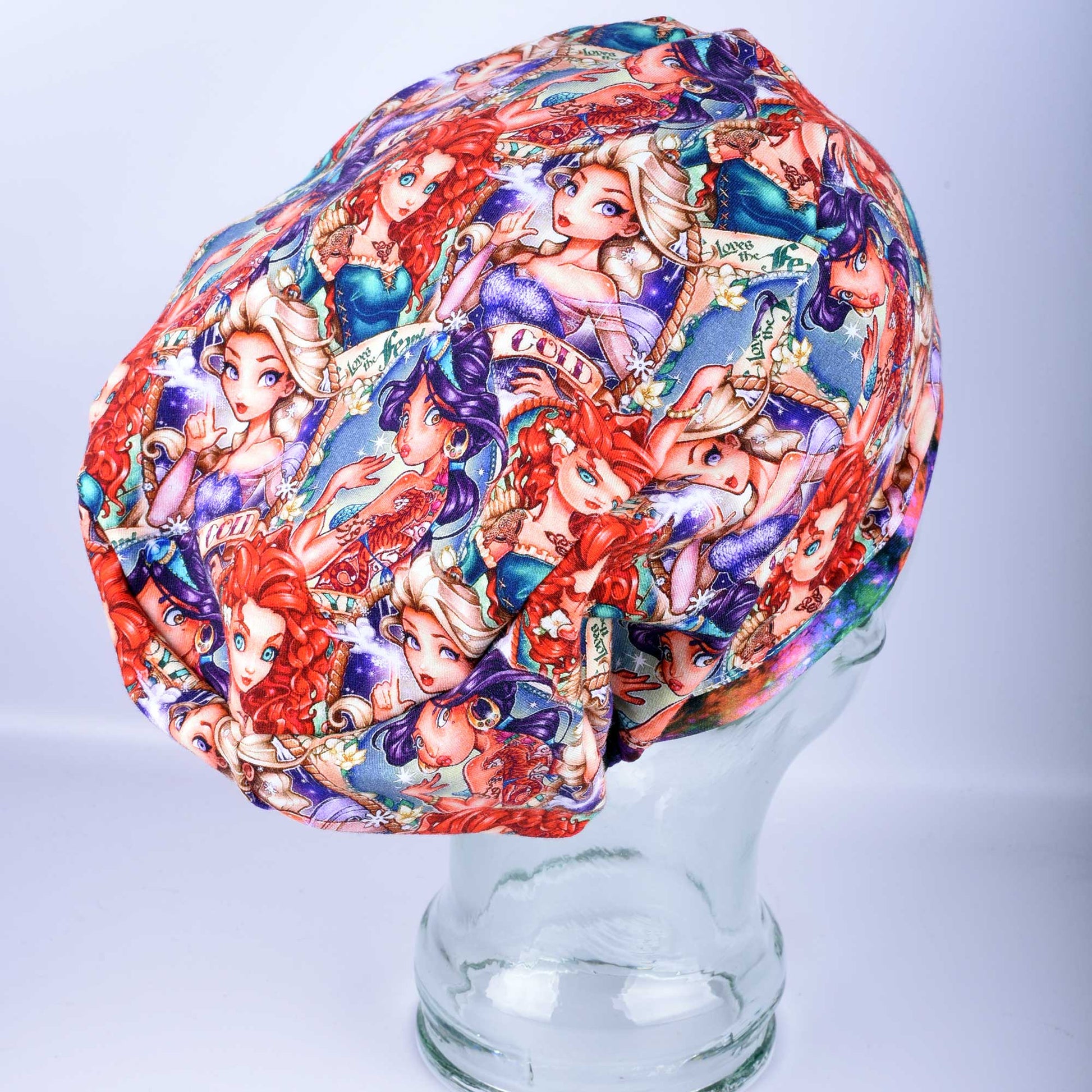 Tattoo Princess full coverage scrub cap featuring edgy royal illustrations on a white background.