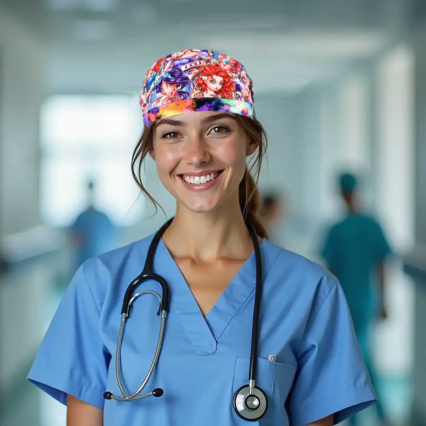 Healthcare professional wearing a Tattoo Princess Euro-style scrub hat with adjustable cord lock for a secure fit.