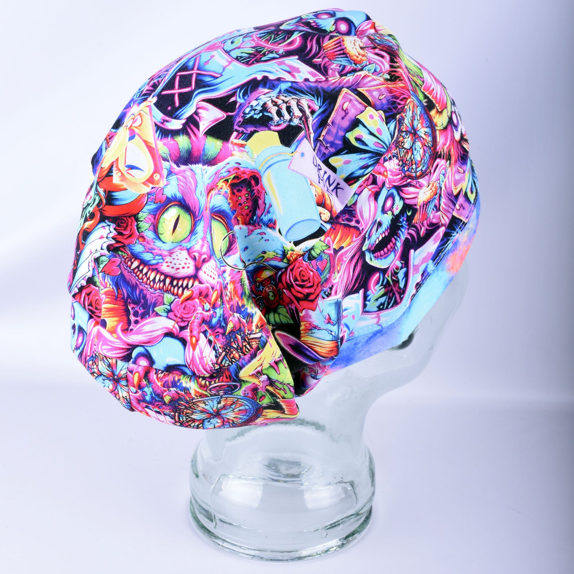 Angled perspective of a full-coverage scrub cap featuring a vibrant, multi-color zombie print.