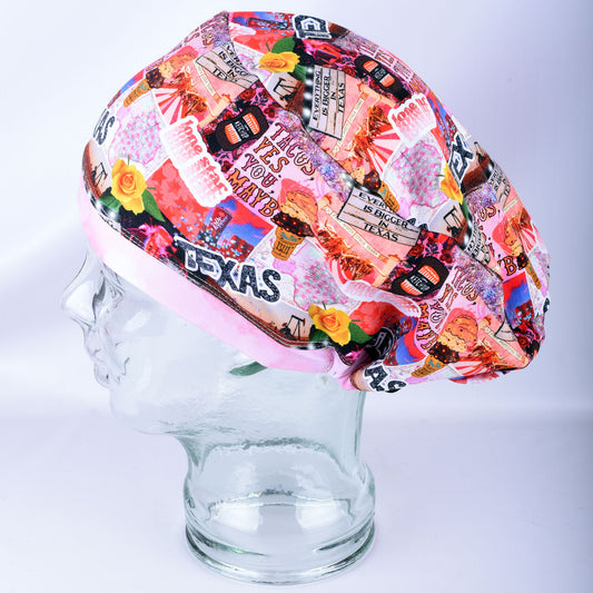 Texas Girl full coverage scrub cap featuring a colorful Texas map print on a display head, side view showing the adjustable toggle cord lock.