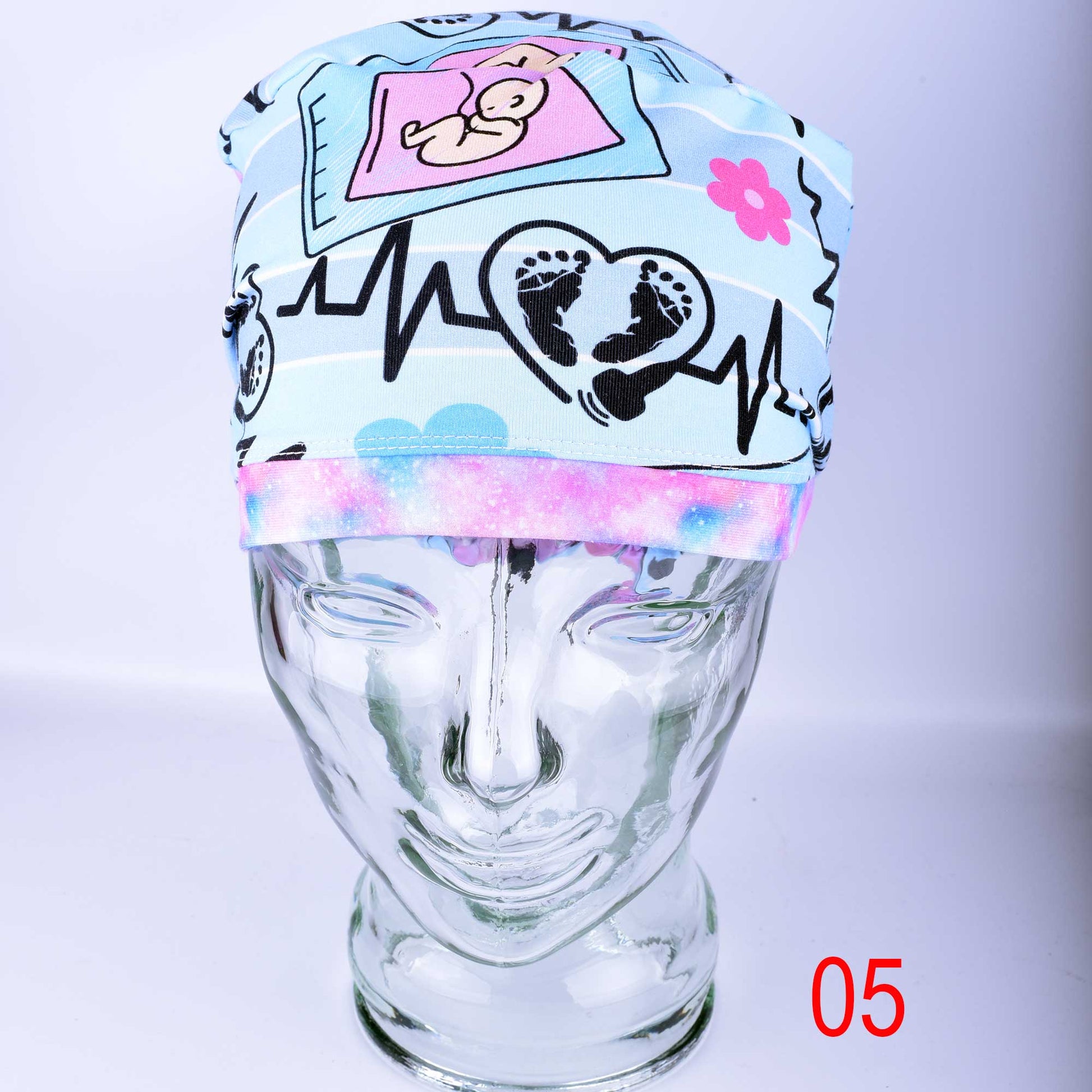 Ultrasound Scrub Cap with colorful sonography and medical icons on a light blue background.