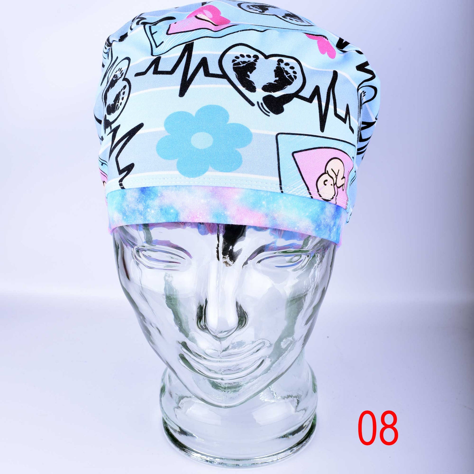 Ultrasound Scrub Cap with colorful sonography and medical icons on a light blue background.