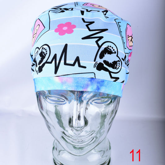 Ultrasound Scrub Cap with colorful sonography and medical icons on a light blue background.