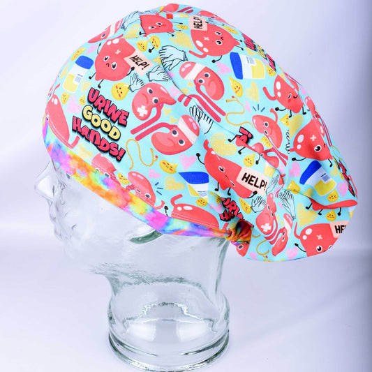 Side view of Urine Good Hands urology nephrology scrub cap on mannequin showing colorful medical print and full coverage fit.