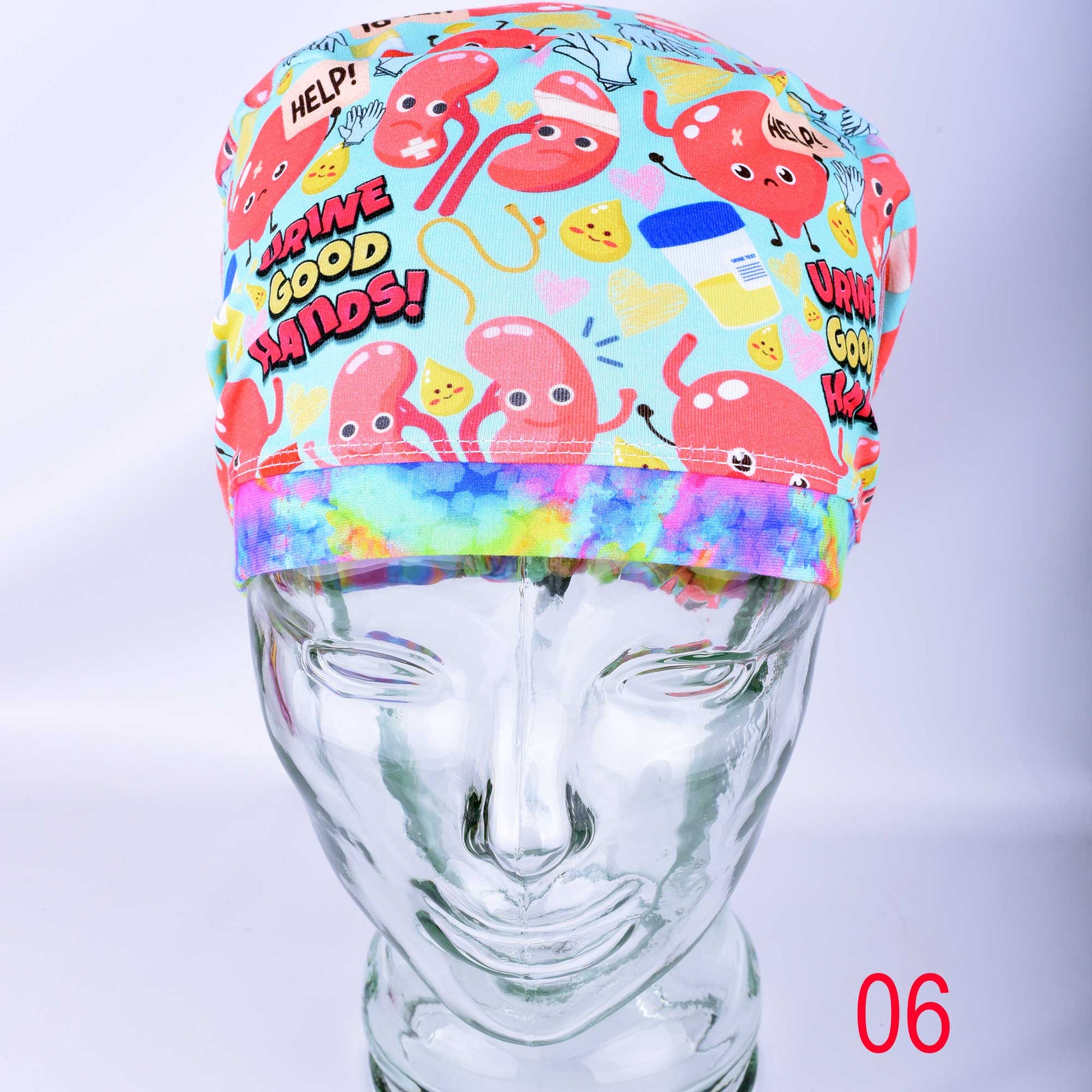 Front view of Urine Good Hands scrub cap Design 06 showing unlined Euro-style scrub hat for nephrology nurses and urologists.