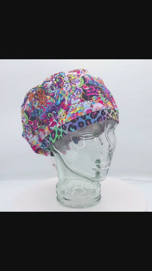360-degree rotating video of a clear mannequin head displaying a full-coverage Euro style scrub cap featuring a vibrant Christmas sweets pattern with gingerbread men, peppermints, and holiday treats on a white background.